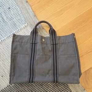 Hermes Gray Canvas Tote Black Stripes, GUC, Quiet Luxury, French Chic, Unisex